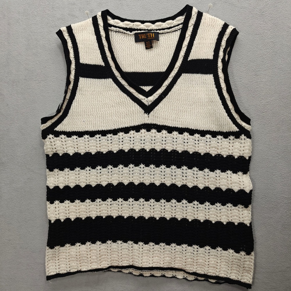 Sweater Vest Womens M Black White Striped Sleeveless Minimalist Preppy Office